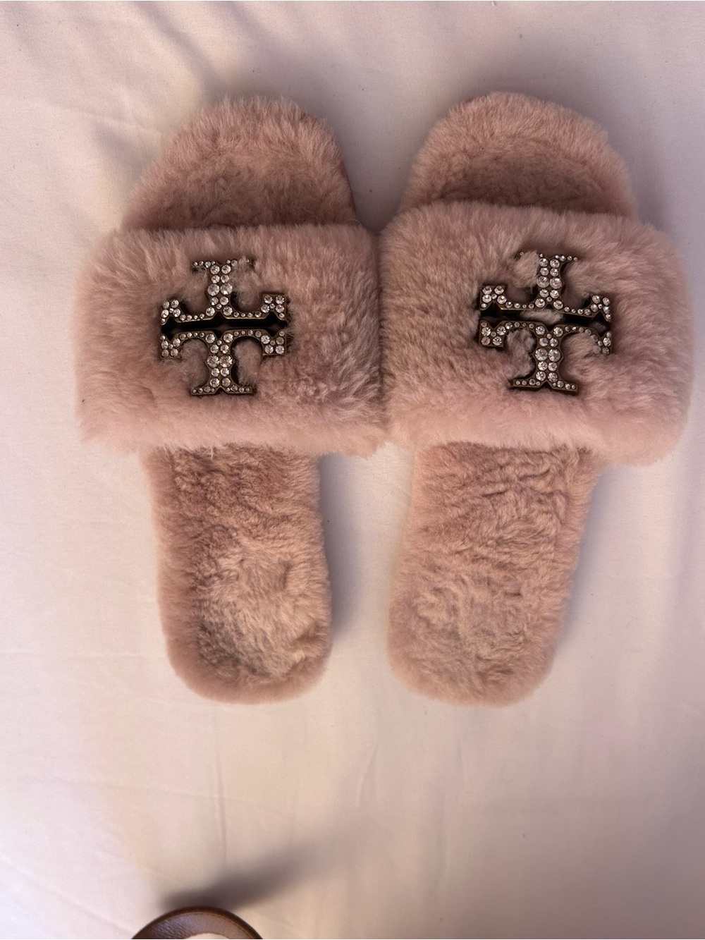 Tory Burch Blush Pink Faux Fur Crystal-Embellished Slide Sandals